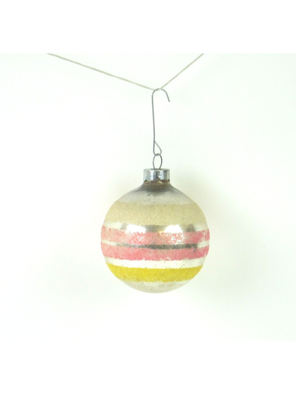 Vintage Mercury Glass Christmas Ornament Ball Pink Yellow White Stripe Mica 2.5"